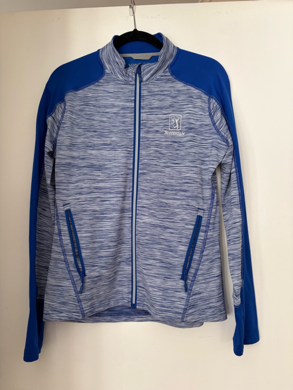 Scottsdale Full-Zip Athletic Jacket in Heathered Light Blue and Royal Blue